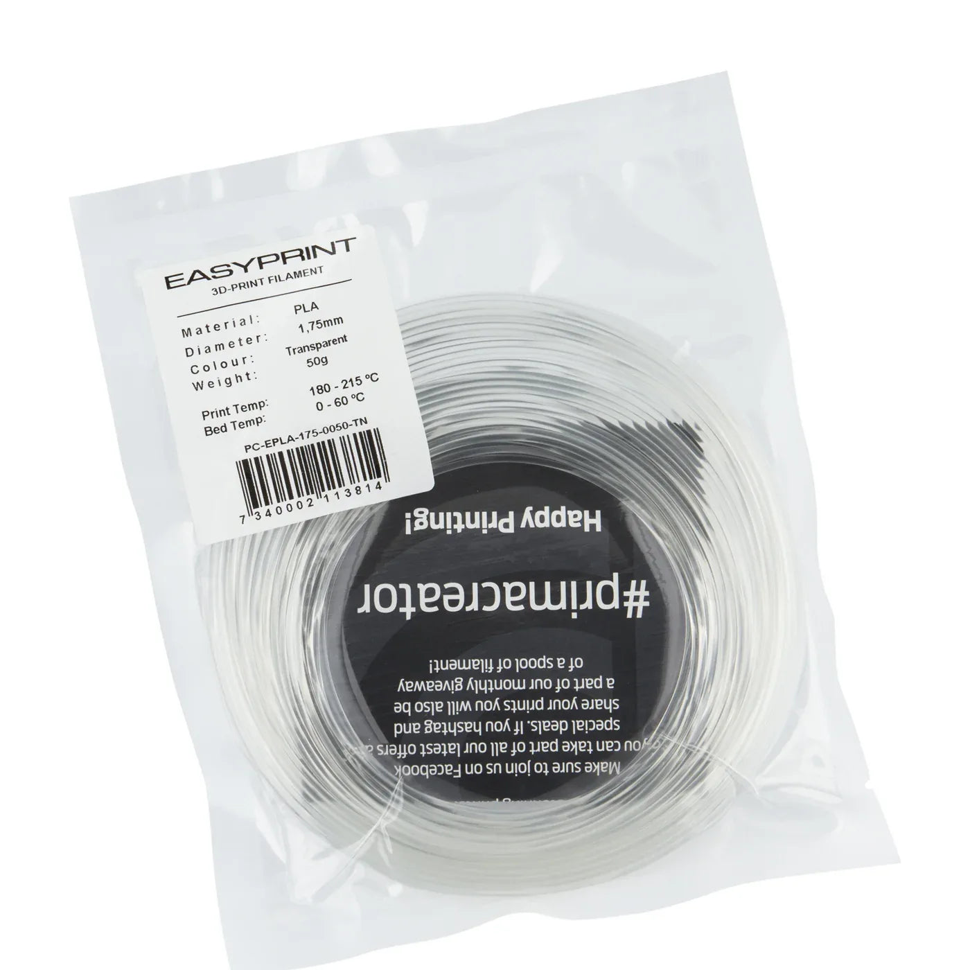 EasyPrint PLA Sample - 1.75mm - 50 g - Tranparent - PremiumHobby