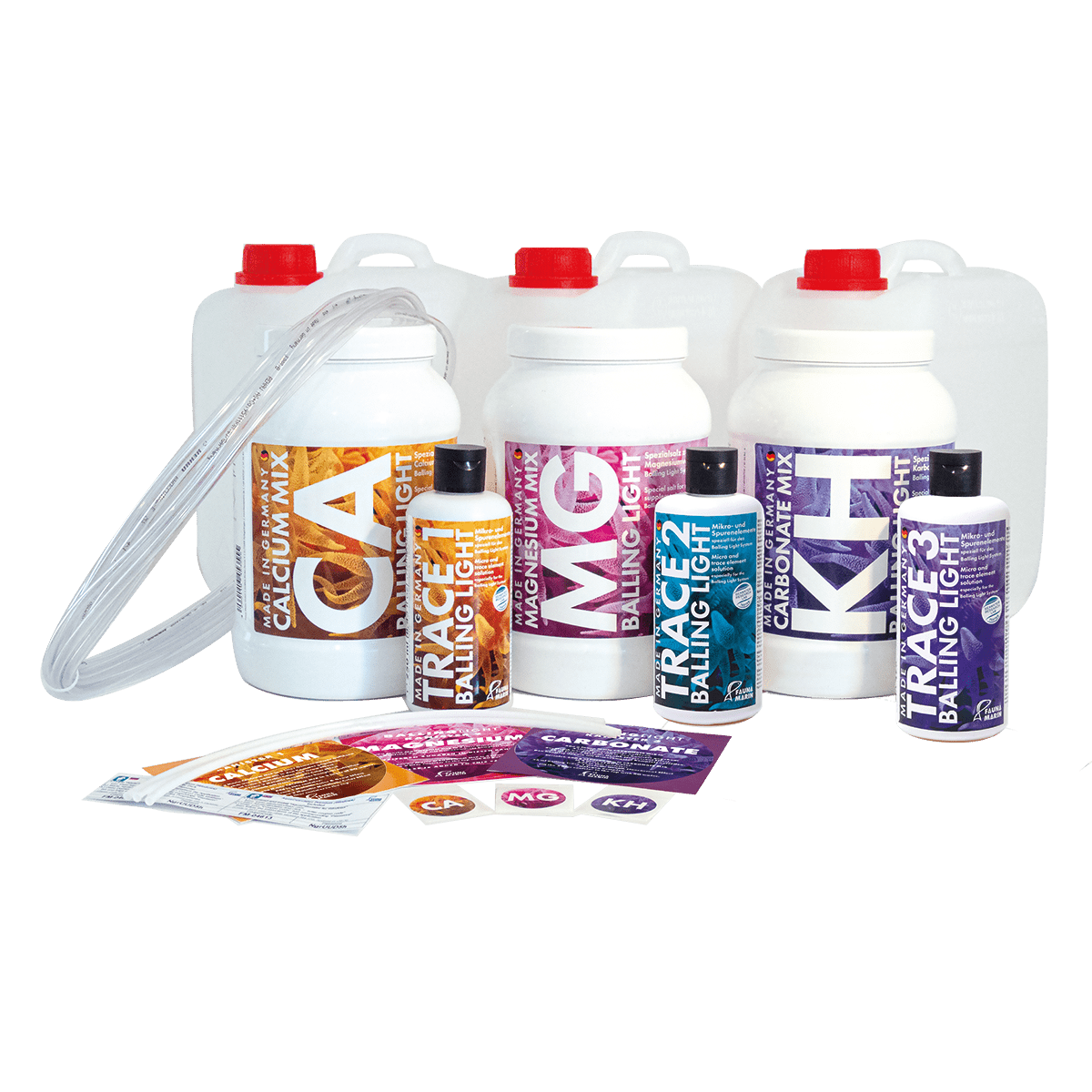Balling-Light-Set 2kg Caliumchlorid, 2kg Magnesiumchlorid, 1kg Natriumhydro., 3x250ml Trace B+ 3x Kanister/, Manual 5m Schlauch